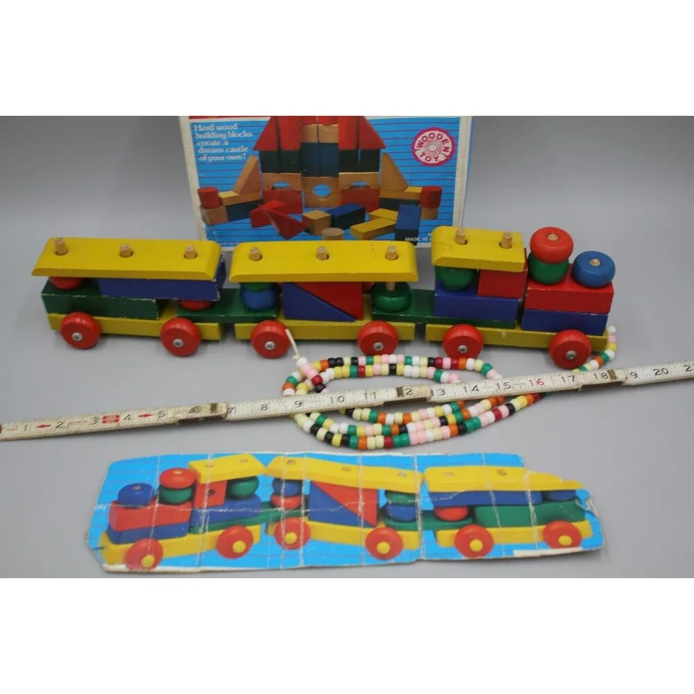 My Kids 44pc Wooden Blocks + Train Pull Vintage Set Primary Toddler Montessori